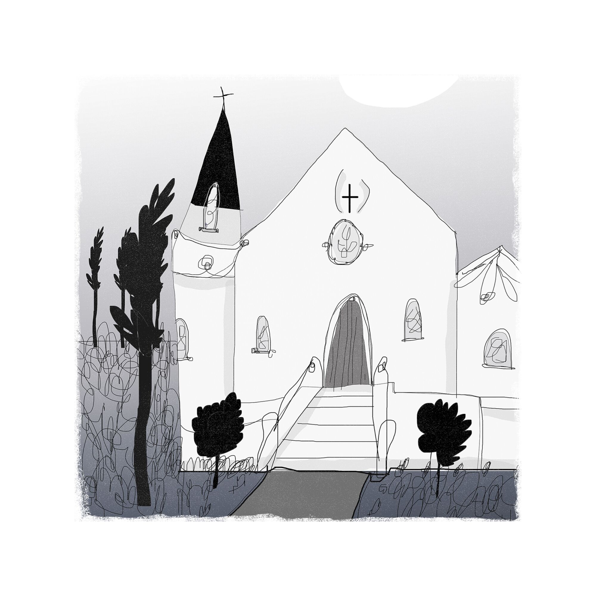 Black-and-white illustration of Mother Emanuel AME Church in Charleston, S.C.