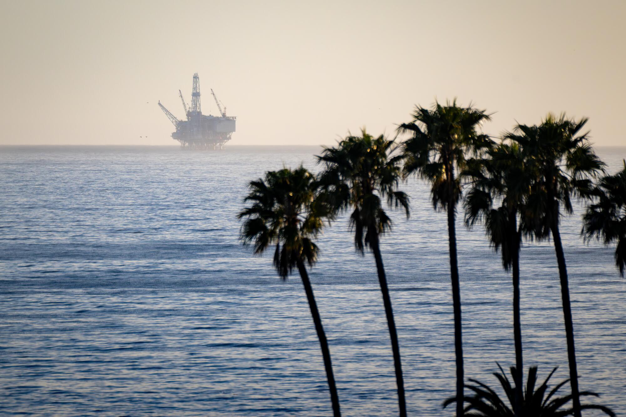 An offshore oil rig rises on the horizon behind silhouetted palm trees.