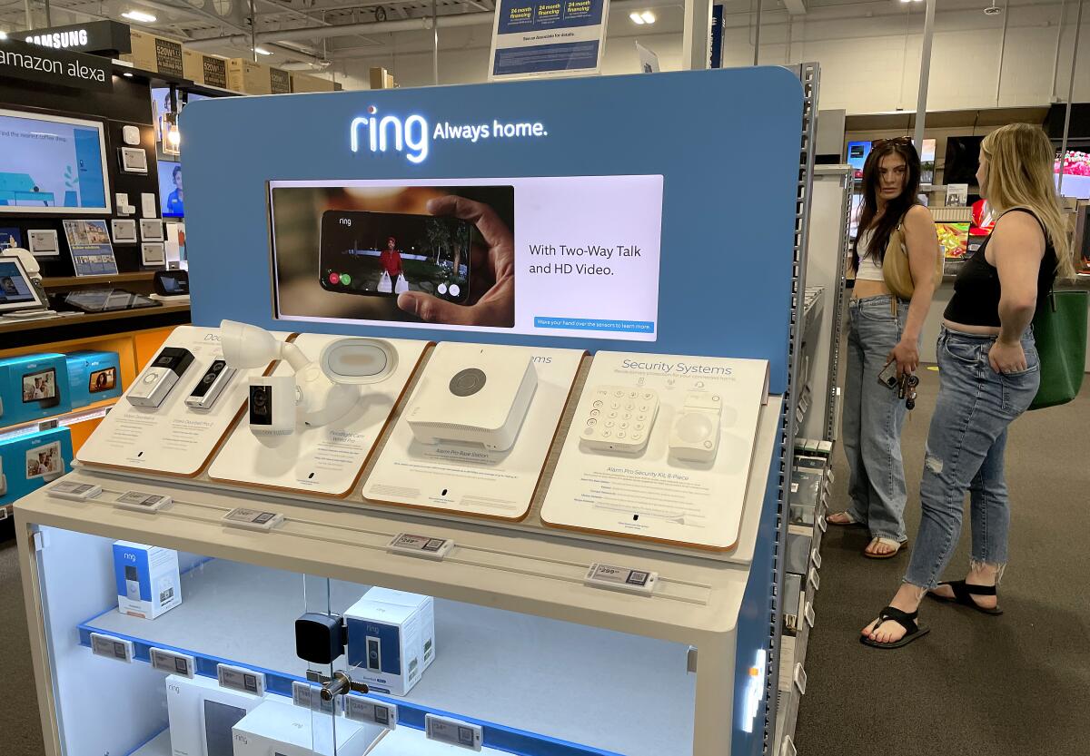 SAN RAFAEL, CALIFORNIA - JUNE 01: Ring security cameras are displayed on a shelf at a Best Buy store on June 01, 2023 in San Rafael, California. Amazon has agreed to pay the Federal Trade Commission over $30 million in a privacy settlement over its Ring cameras. The company's Ring doorbell division paid $5.8 million for violating a portion of the FTC Act that prohibits unfair or deceptive business practices and $25 million for violating the Childrens Online Privacy Protection Act by illegally retaining Alexa voice assistant profiles of thousands of children. (Photo by Justin Sullivan/Getty Images)
