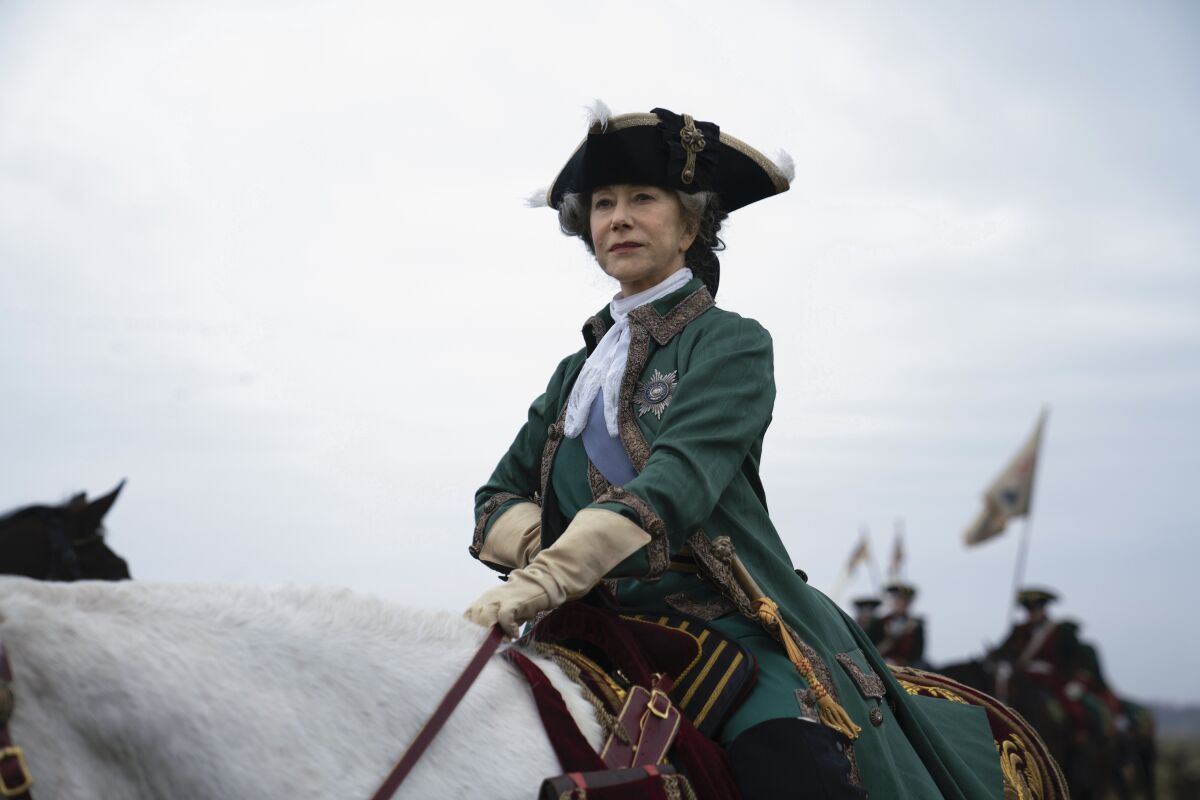 Catherine the Great (Helen Mirren) rides out to meet a rebellion in the HBO miniseries "Catherine the Great."