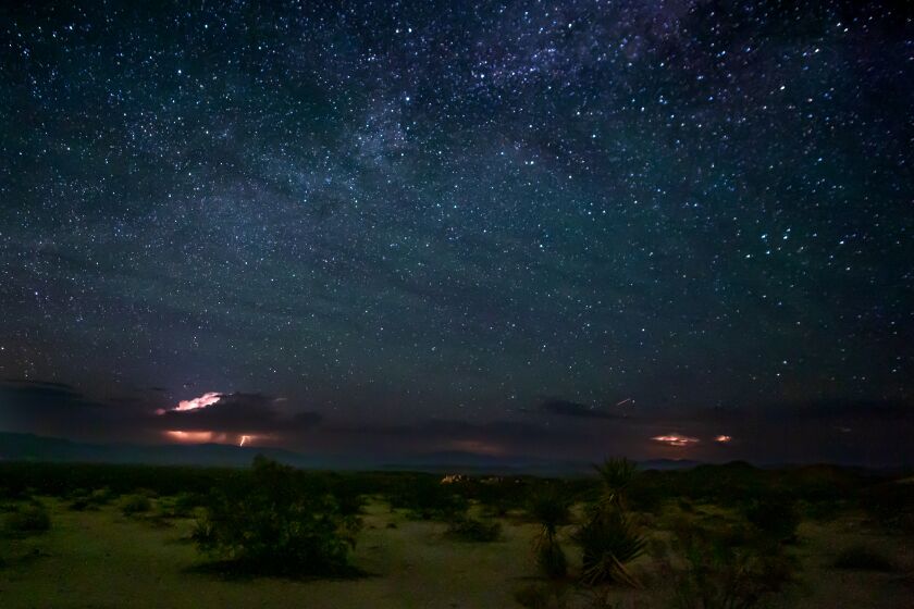 Bolts of lightning illuminate the desert floor at Joshua Tree National Park.