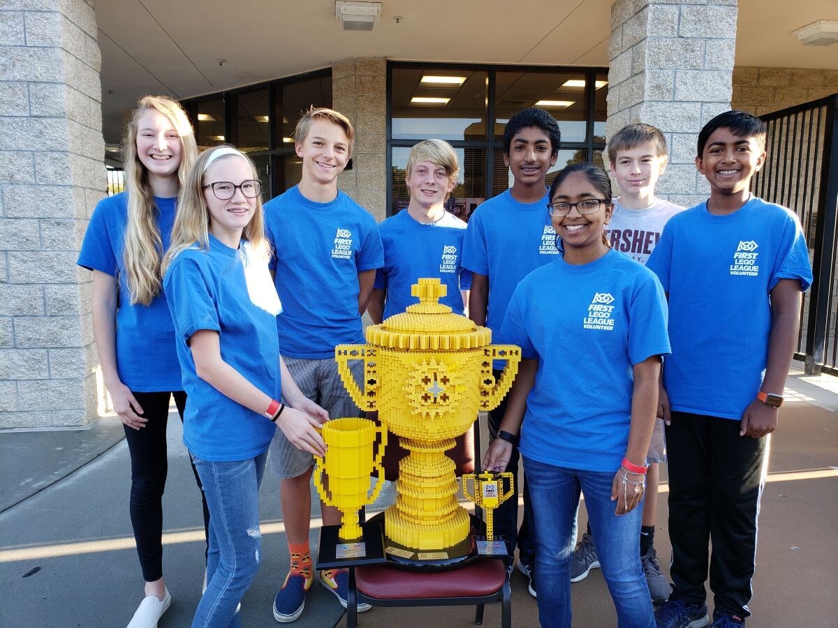 The Aviara Oaks Middle School Supersonic Falcons recently competed in the First Lego League City Shaper Challenge and were named Overall SoCal champions. Back row: Racquel, Artem, Drew, Rohan, Dean and Suchir. Front row: Quinn and Samitha. 