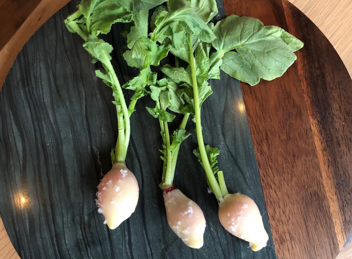 White-chocolate dipped radishes at Ember & Rye restaurant in Carlsbad.
