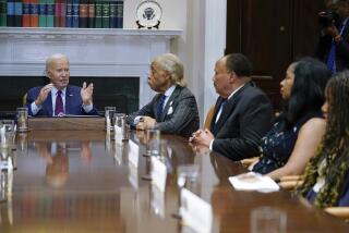 President Joe Biden speaks as he meets with organizers of the 60th anniversary of the March on Washington in the Roosevelt Room of the White House in Washington, Monday, Aug. 28, 2023. From left, Biden, the Rev. Al Sharpton, Martin Luther King III, son of the Rev. Martin Luther King Jr., his wife Arndrea Waters King and their daughter Yolanda King. (AP Photo/Susan Walsh)