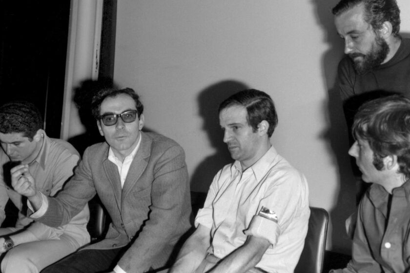 Directors Claude Lelouch, Jean-Luc Godard, Francois Truffaut, Roman Polanski and Louis Malle (standing) on strike during the Cannes Film Festival to show solidarity with the French students, 18th May 1968. (Photo by Traverso/RDA/Getty Images) ** OUTS - ELSENT, FPG, CM - OUTS * NM, PH, VA if sourced by CT, LA or MoD **