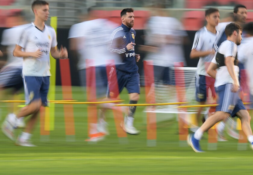 Argentina's Lionel Messi takes part in a training session