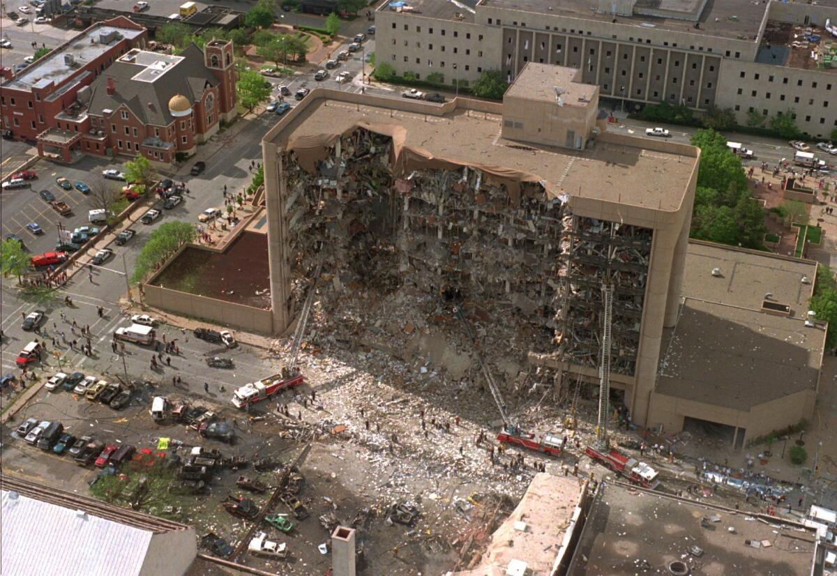 The Alfred P. Murrah Federal Building was devastated by a bomb that killed 168 people on April 19, 1995.