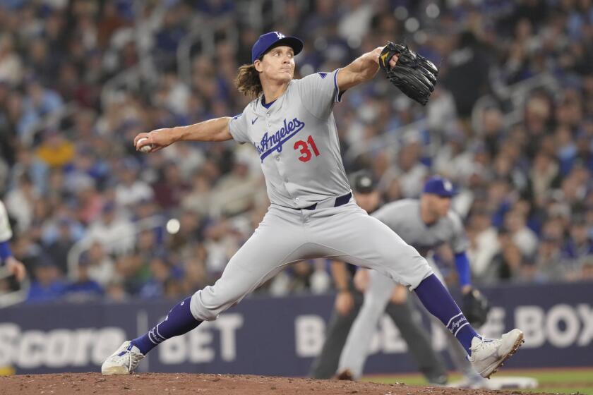 Los Angeles Dodgers pitcher Tyler Glasnow (31) throws during the second inning of a baseball game against the Toronto Blue Jays in Toronto, Saturday, April 27, 2024. (Chris Young/The Canadian Press via AP)
