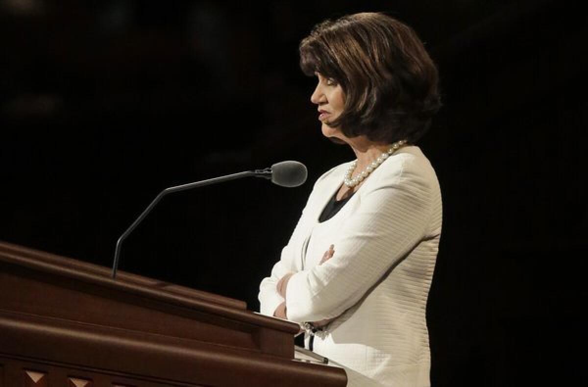 Jean A. Stevens conducts the morning session's closing prayer during the 183rd Annual General Conference of the Church of Jesus Christ of Latter-day Saints in Salt Lake City.