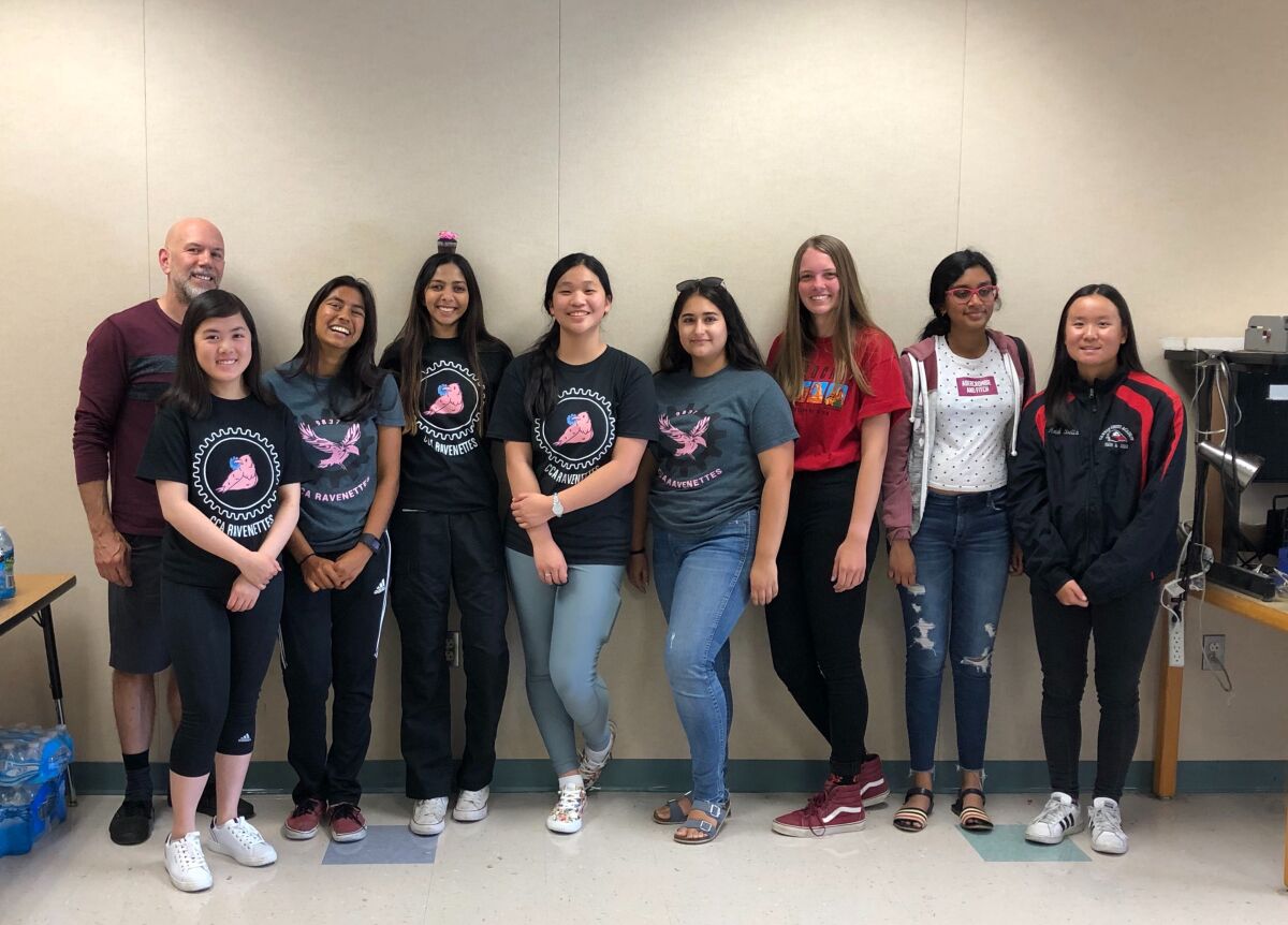 2019 Summer Engineering Workshop teachers (left to right): Tony Mauro (club advisor), Alexis Wu, Anjali Gopinathan, Tanya Bharatula, Samantha Prestrelski, Katrina Baha, Alexia Bigelow, Dhanya Jakkula, Ariel Betts. Not pictured: Sarah Golts