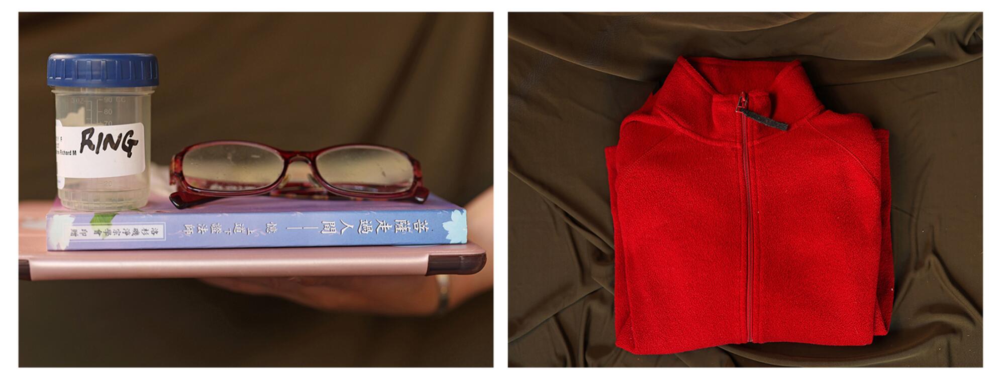 Two photos: a small plastic cup and glasses sitting on top of a book, and a red zip-up sweater