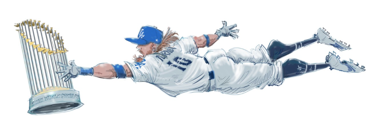 Illustration of Justin Turner reaching for the World Series Commissioner's Trophy.