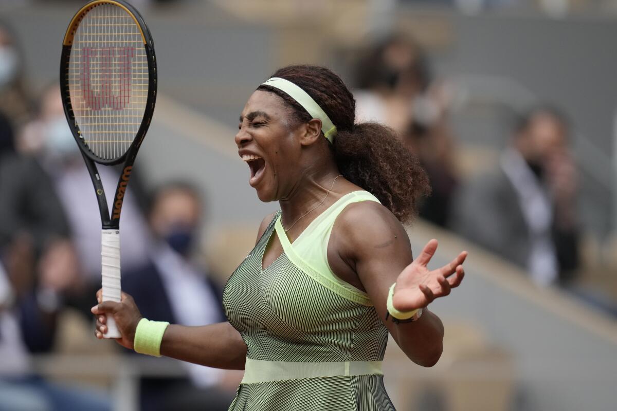 Serena Williams reacts during her third-round victory over Danielle Collins at the French Open on Friday.