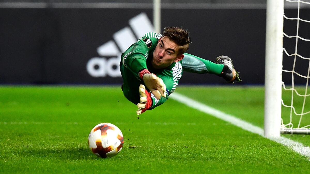 Hertha Berlin goalkeeper Jonathan Klinsmann deflects a shot to make a save against Ostersunds during a Europa League game Dec. 7.