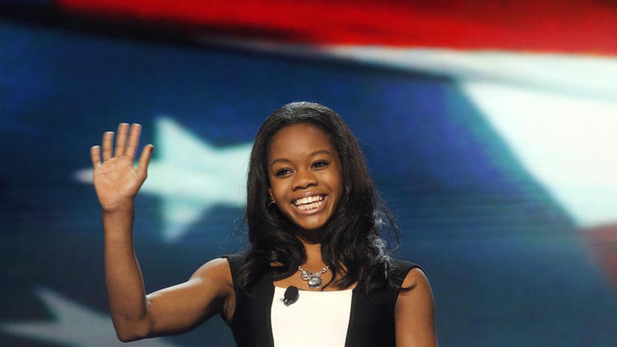 Olympic gold medalist Gabby Douglas appears at the Democratic National Convention in 2012.