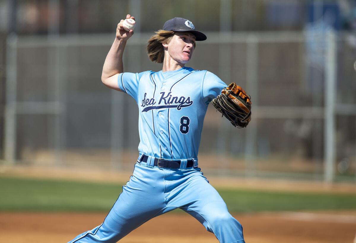 Corona del Mar's Brycen Hill pitches against Newport Harbor during a Wave League game on Thursday.