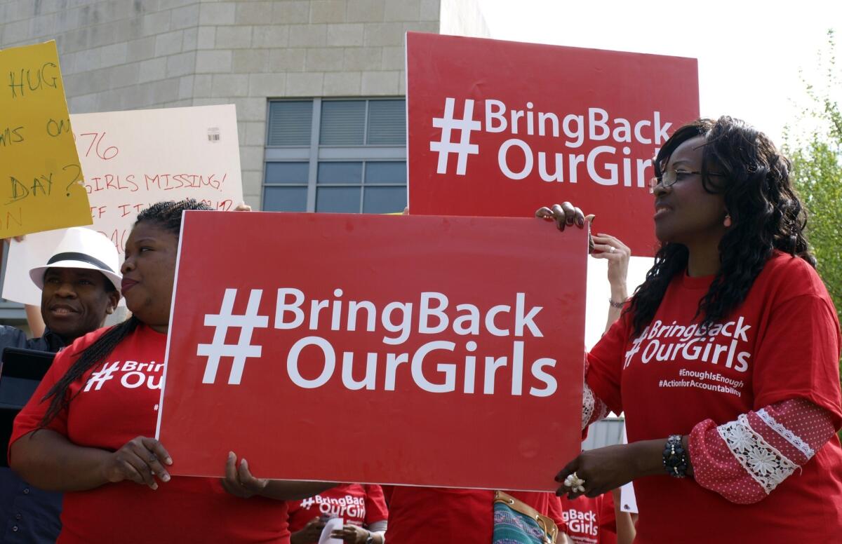 Demonstrators gather May 6 outside the Nigerian Embassy in Washington demanding robust action to rescue about 276 schoolgirls kidnapped last month by Boko Haram militants in the West African country.
