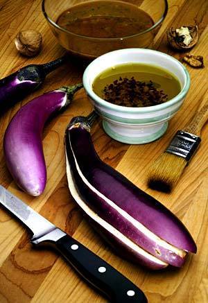 Recipe: Grilled eggplant with walnut-cilantro pesto.