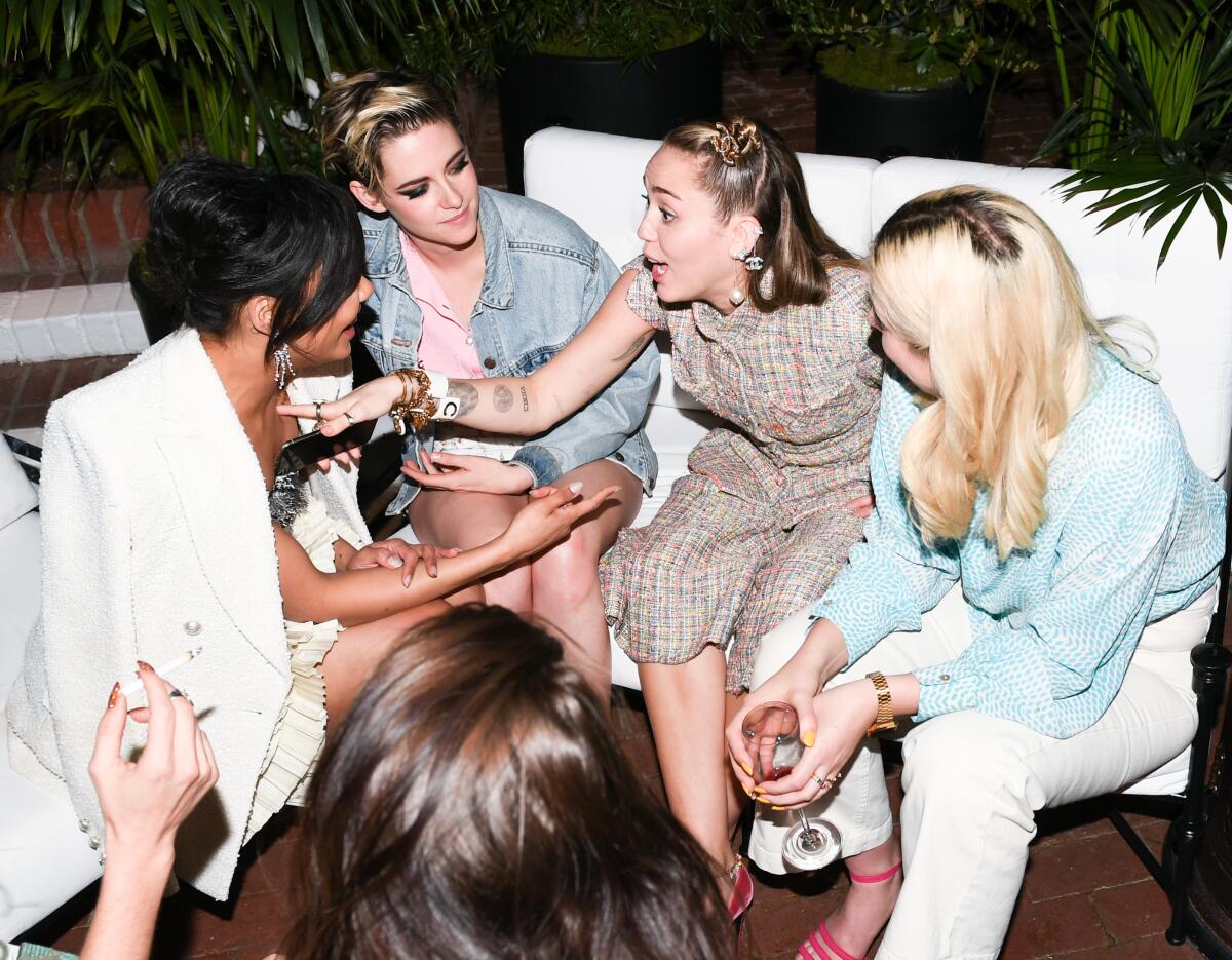 An animated conversation among Tessa Thompson, Kristen Stewart, Miley Cyrus and Suzie Riemer.