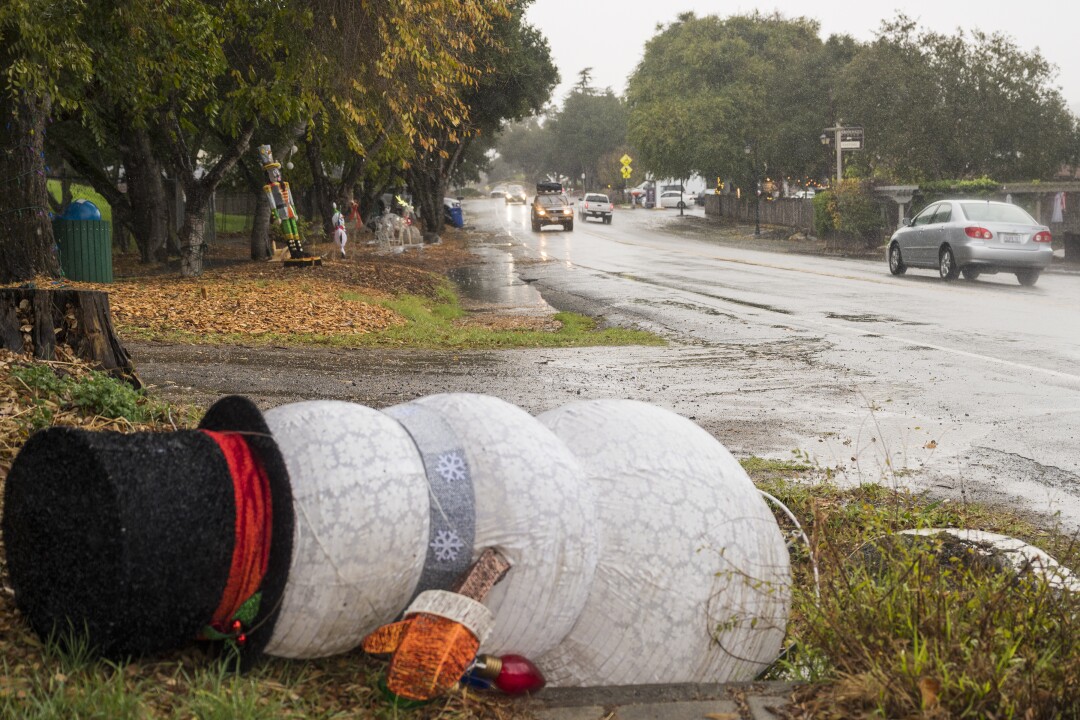 Winds knocked down Christmas decorations in Carmel Valley, California.