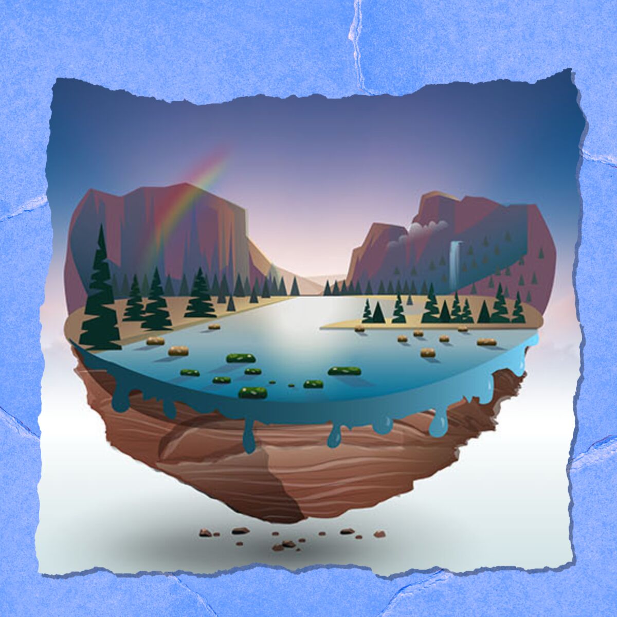 An illustration of lake and mountains in the shape of a heart.