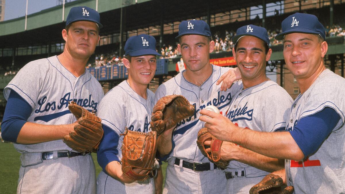 Dodgers pitchers (from left to right) Don Drysdale, Pete Richert, Stan Williams, Sandy Koufax and Johnny Podres pose.