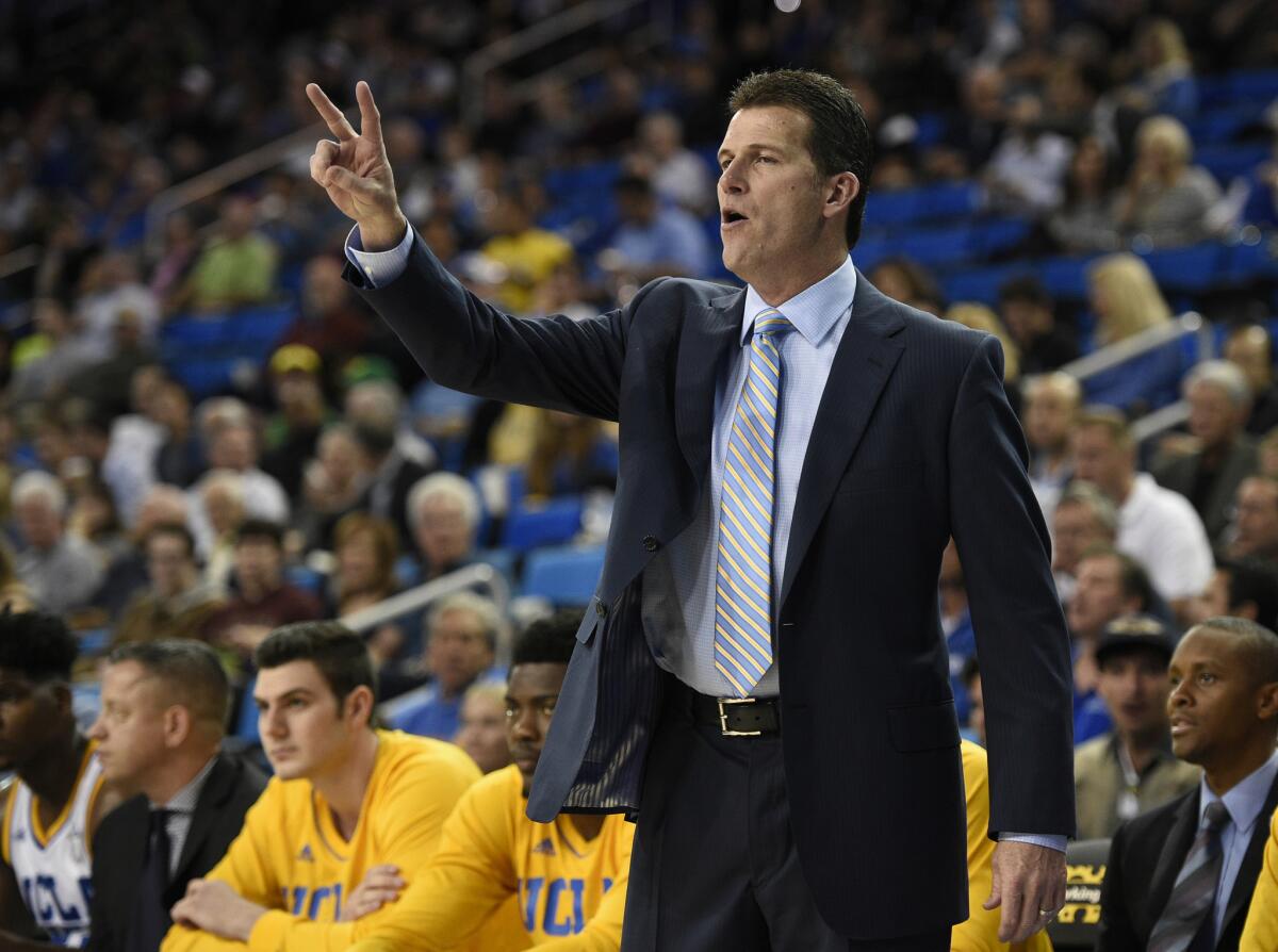 UCLA Coach Steve Alford yells to his team during the first half of a game against Oregon on March 2.