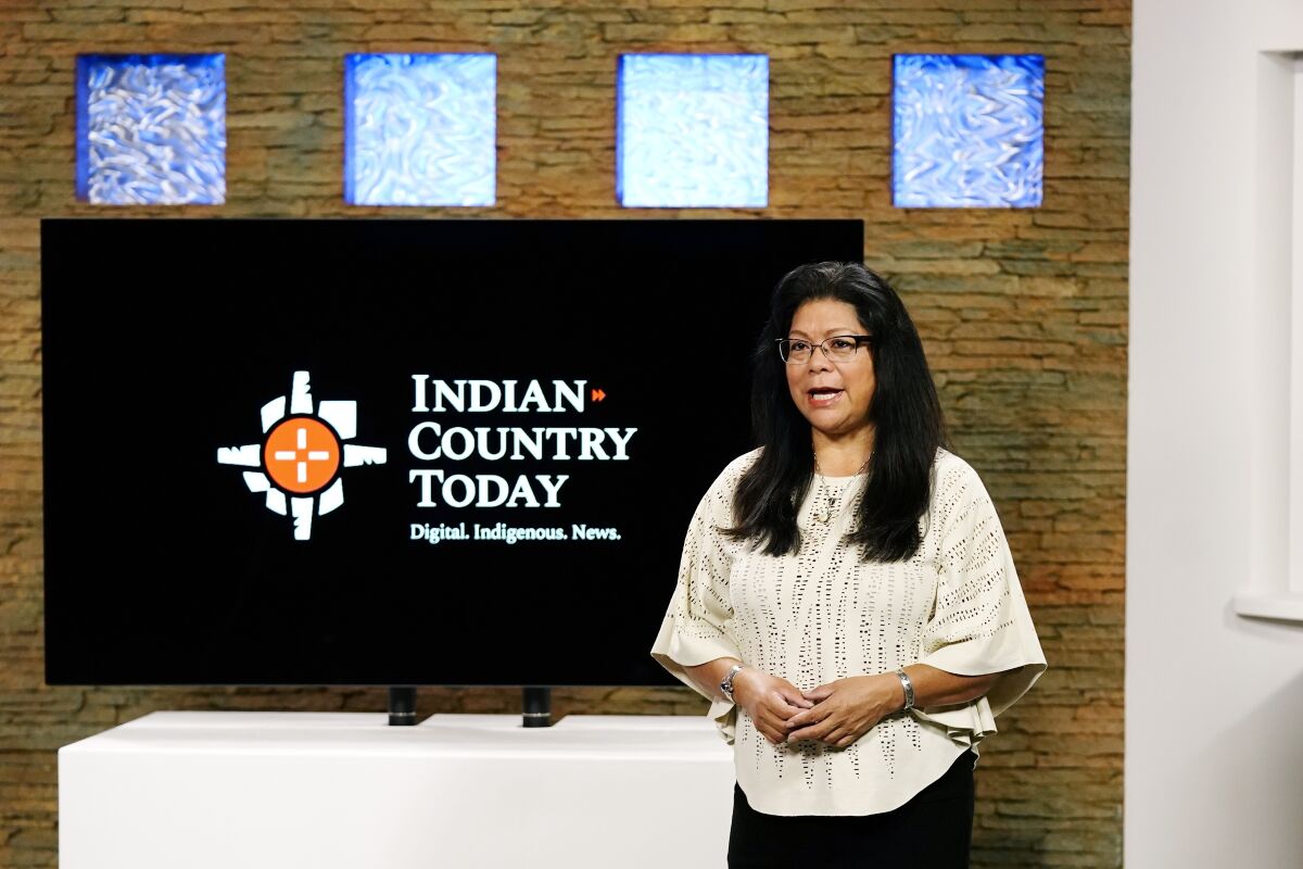 Indian Country Today executive producer and news broadcaster Patty Talahongva speaks during a news broadcast taping Friday, Sept. 10, 2021, in Phoenix. Native American communities have seen more robust news coverage in recent years, in part because of an increase in Indigenous affairs reporting positions at U.S. newsrooms and financial support from foundations. (AP Photo/Ross D. Franklin)