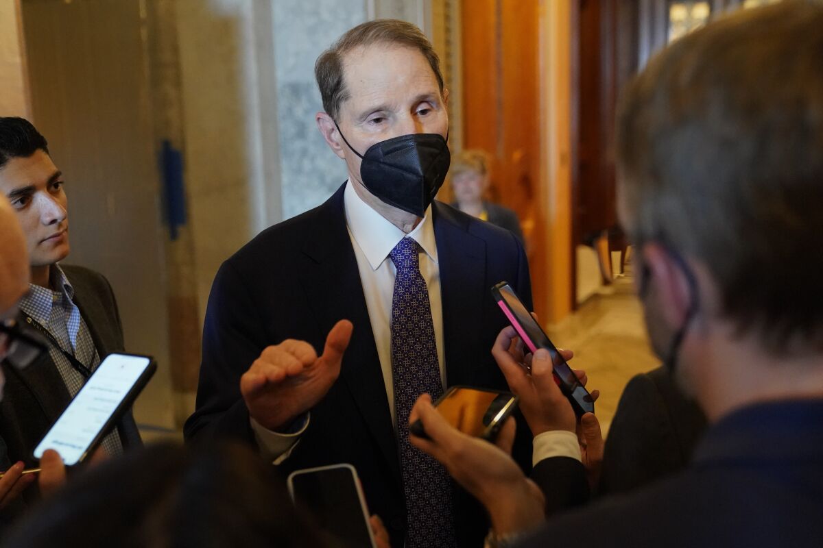 Sen. Ron Wyden, D-Ore., speaks with reporters on Capitol Hill in Washington, Saturday, Aug. 6, 2022. (AP Photo/Patrick Semansky)