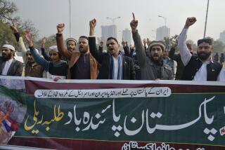 Members of Muslim Talba Mahaz Pakistan chant slogans at a demonstration to condemn Iran strike in the Pakistani border area, in Islamabad, Pakistan, Thursday, Jan. 18, 2024. Pakistan's air force launched retaliatory airstrikes early Thursday on Iran allegedly targeting militant positions, a deadly attack that further raised tensions between the neighboring nations. The banner in the Urdu language reads, "Against the Iran's strike on Pakistan and abominable alliance of India, Iran and Israel' and demonstration for long live Pakistan." (AP Photo/Anjum Naveed)