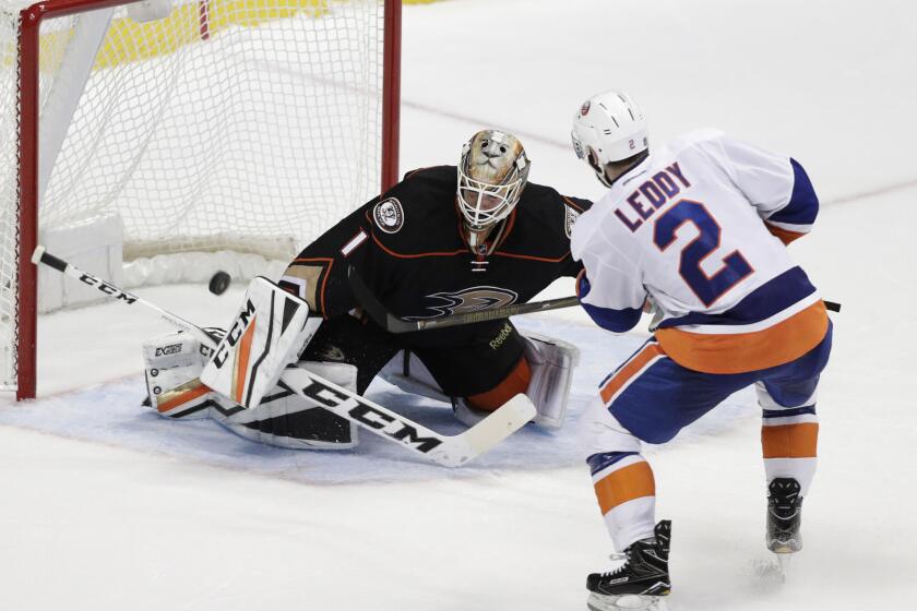 Islanders defenseman Nick Leddy scores against Ducks goalie Jonathan Bernier in the shootout on Tuesday.