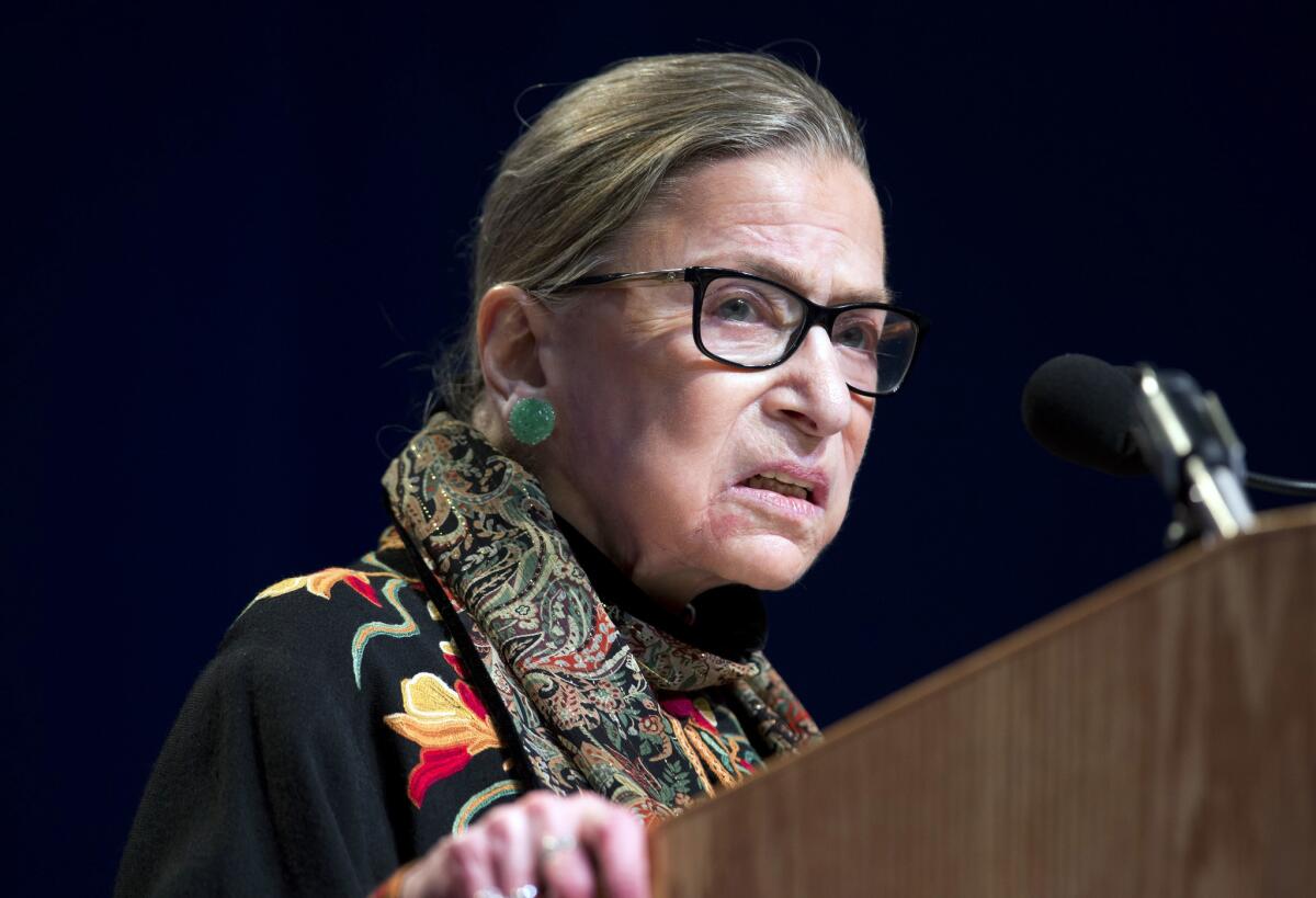 Supreme Court Justice Ruth Bader Ginsburg speaks at Brandeis University in Waltham, Mass., in January.