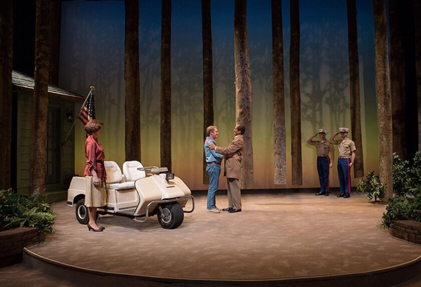 Hallie Foote as Rosalynn Carter, Richard Thomas as Jimmy Carter and Khaled Nabawy as Anwar Sadat with Will Beckstrom and Will Hayes in Camp David at Arena Stage, 2014. The West Coast premiere of Lawrence Wright’s Camp David, May 13 to June 19, at The Old Globe Theatre.