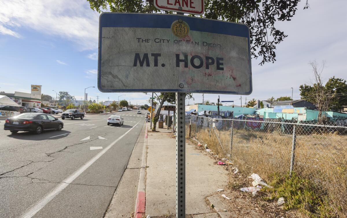 The Mt. Hope neighborhood sign shows some wear along Market Street in the Mt. Hope  Wednesday