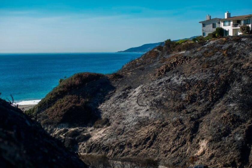 Scorched hillsides are seen where the Woolsey Fire reached the ocean on November 14, 2018 near Malibu, California. (Photo by DAVID MCNEW / AFP)DAVID MCNEW/AFP/Getty Images ** OUTS - ELSENT, FPG, CM - OUTS * NM, PH, VA if sourced by CT, LA or MoD **