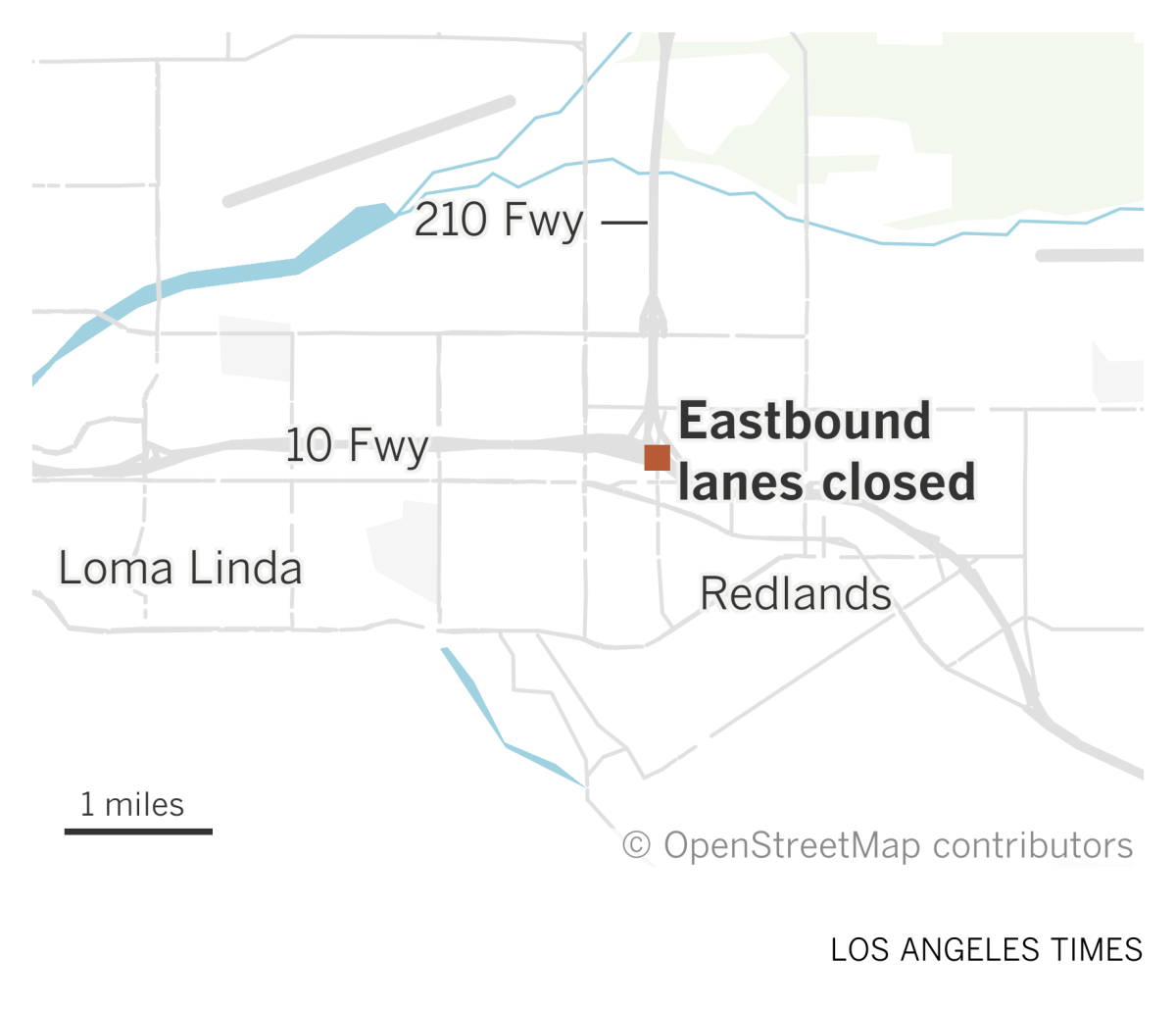 A map of the area around Redlands shows where the eastbound lanes of the 10 Freeway were closed