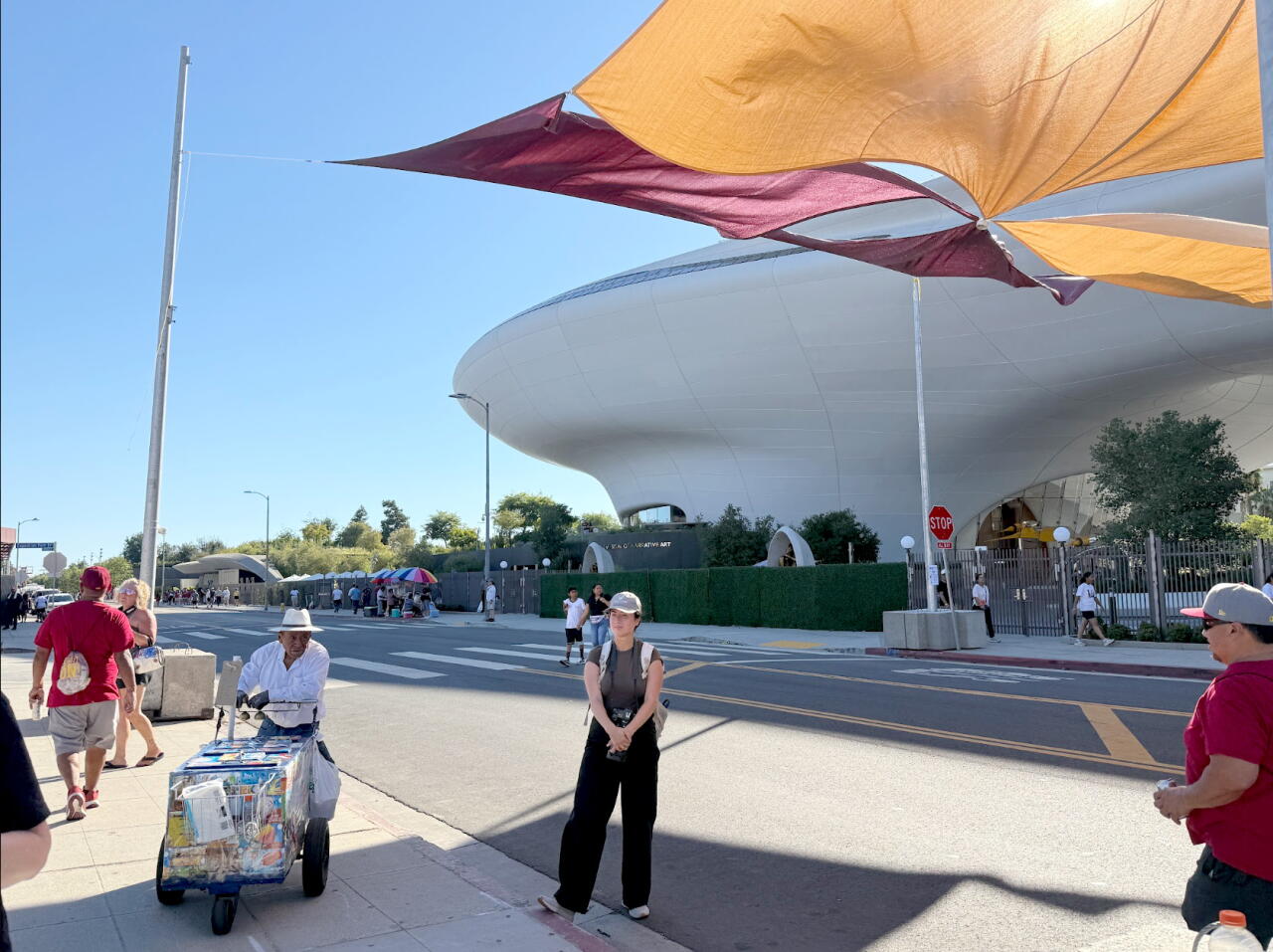 A person stands under floating fabric on a sidewalk as other people walk near them.