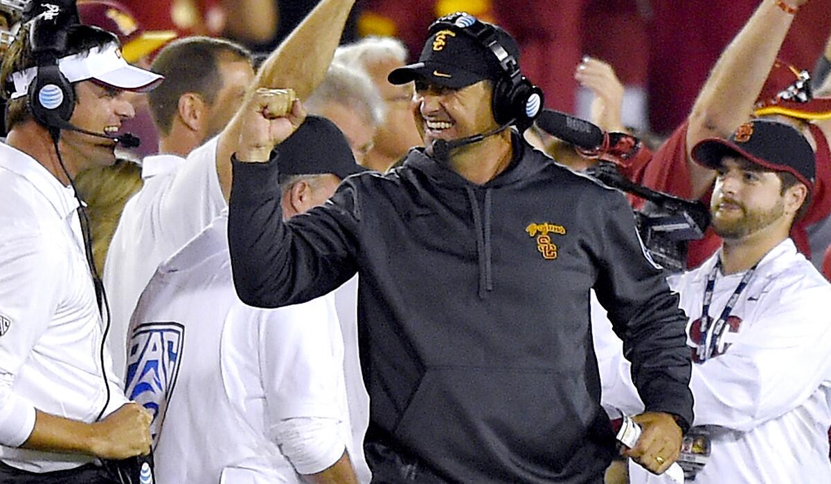 USC Coach Steve Sarkisian, celebrating after a touchdown against Oregon State, is on the recruiting trail.