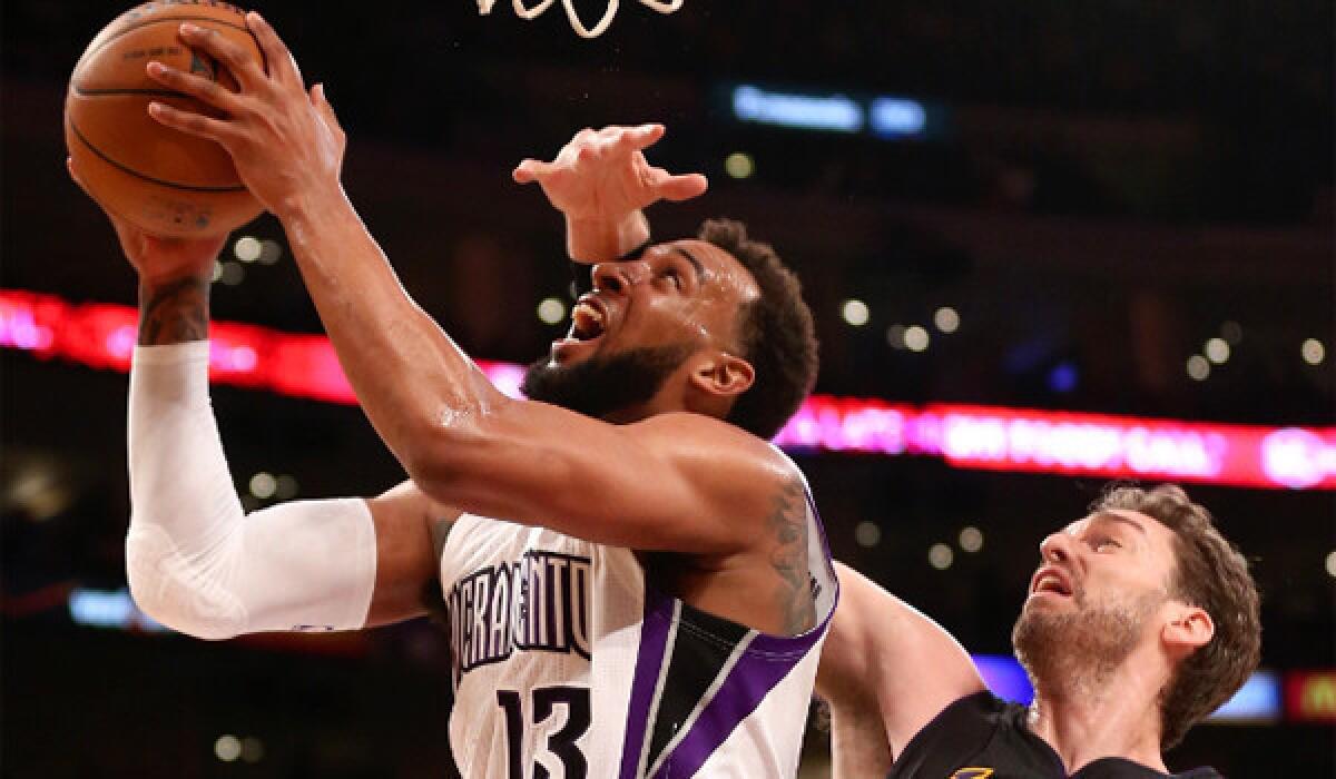 Sacramento's Derrick Williams collected 26 points and 12 rebounds Friday night during the Kings' loss to the Lakers