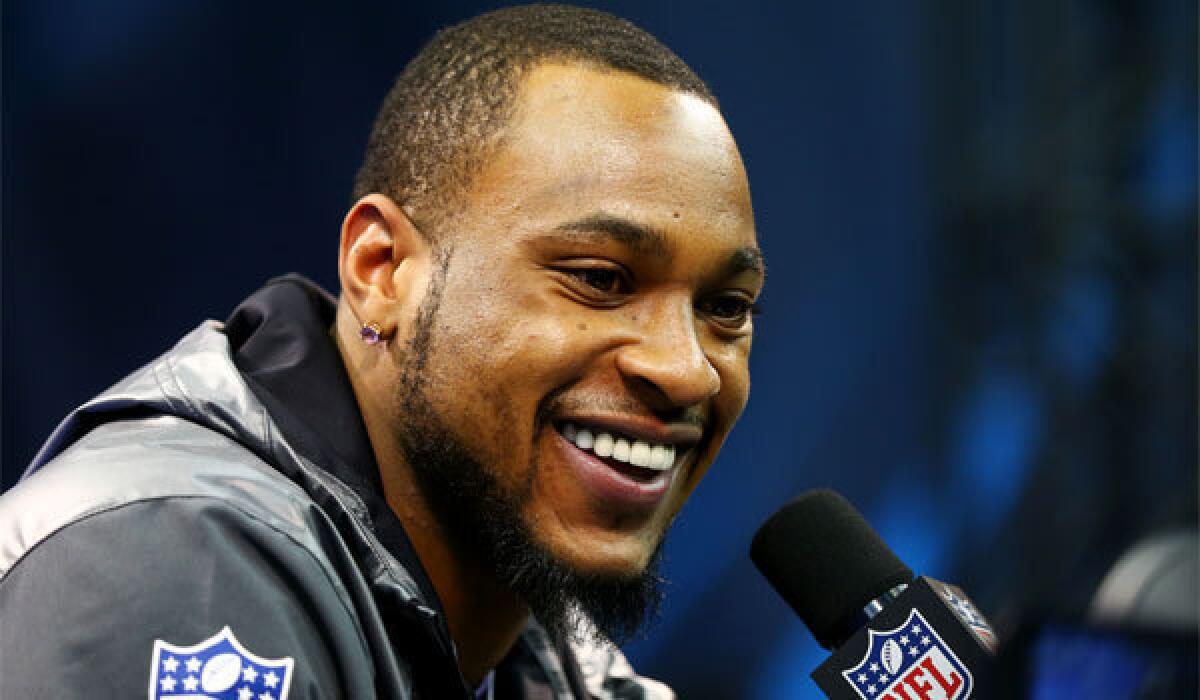 Seattle receiver Percy Harvin speaks to the media during Super Bowl XLVIII media day Tuesday at the Prudential Center in Newark, NJ.
