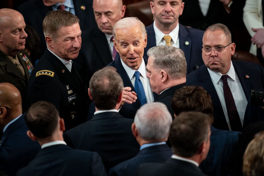 WASHINGTON, DC - FEBRUARY 07: President Joe Biden prepares to depart following delivering a State of the Union address at the U.S. Capitol on Tuesday, Feb. 7, 2023 in Washington, DC. (Kent Nishimura / Los Angeles Times)
