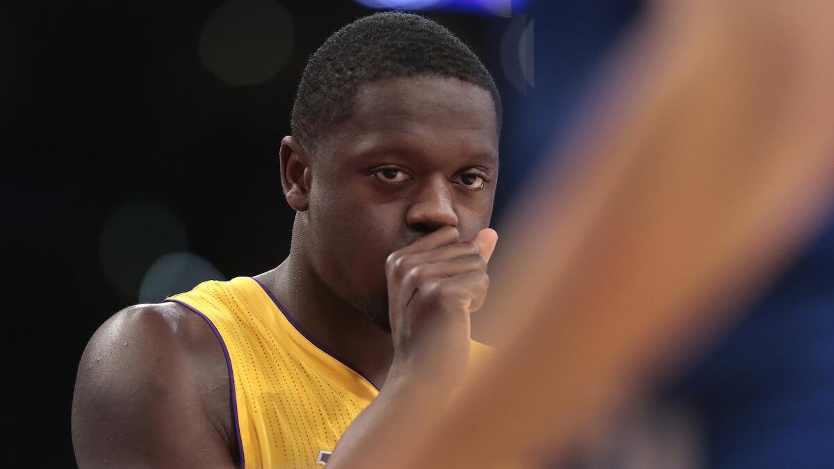 Lakers forward Julius Randle looks on during a preseason game against the Golden State Warriors last October.