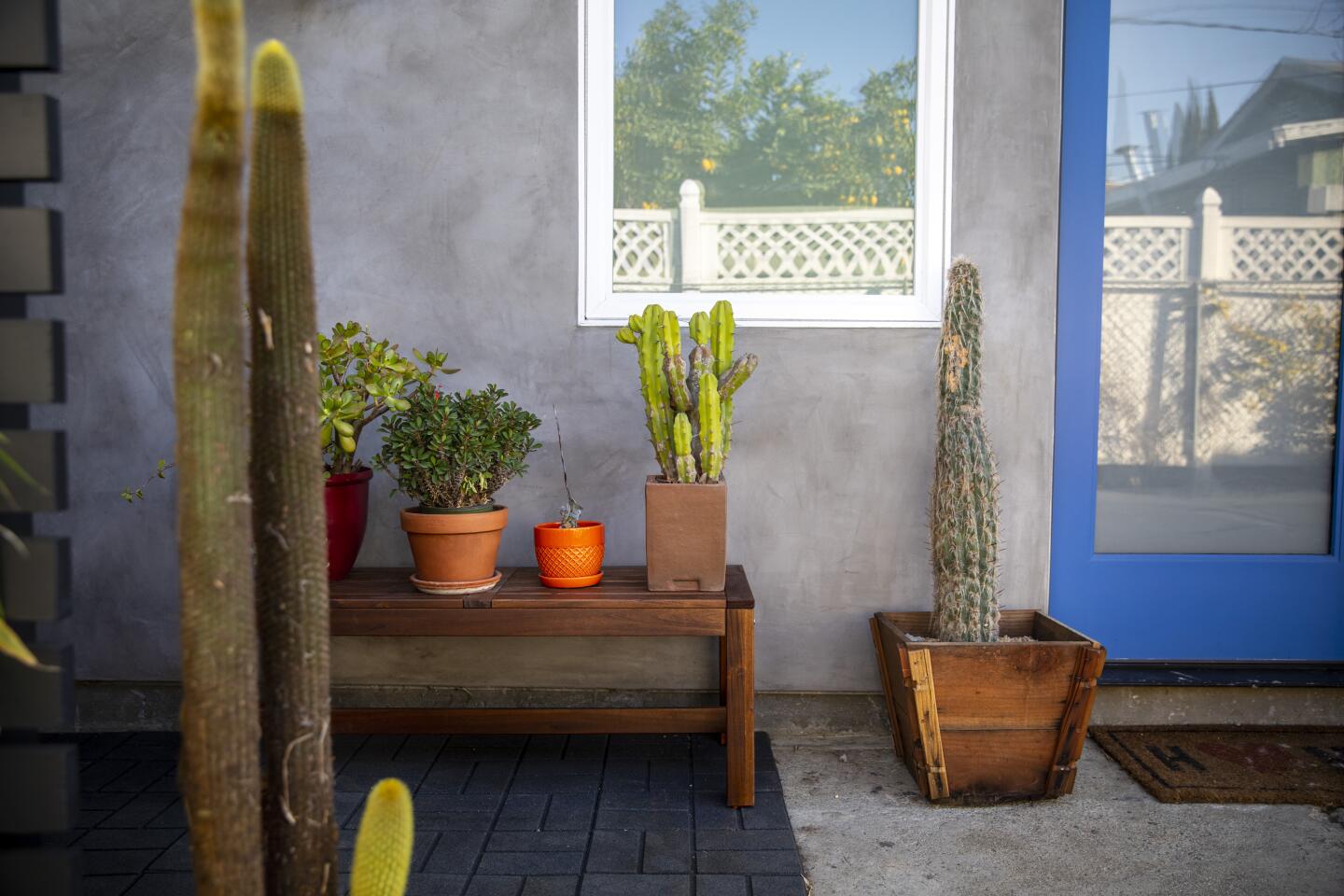 Potted succulents are arranged in front of the home.