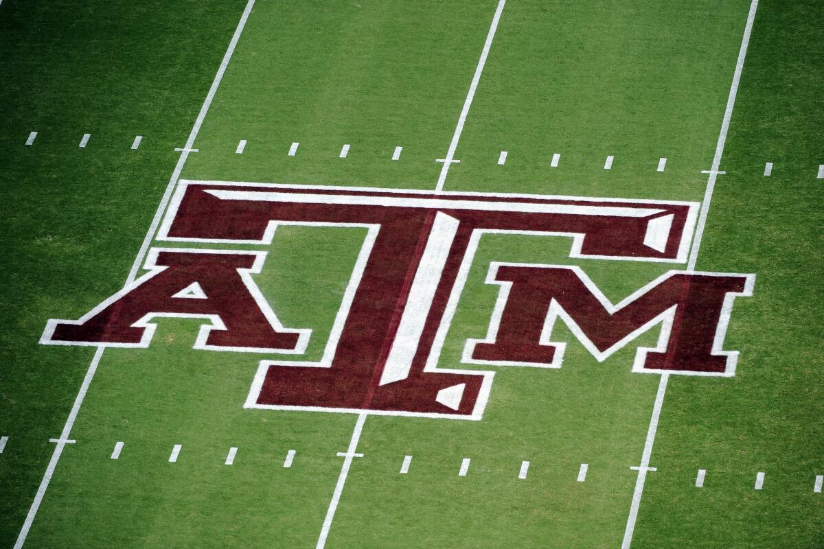 The Texas A&M logo on Kyle Field in College Station, Texas.