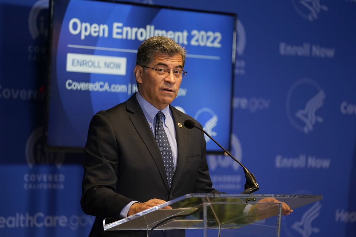 U.S. Health and Human Services Secretary Xavier Becerra discusses the opening of the enrollment period of the nation's largest state-run health insurance marketplace, Covered California, during a news conference in Sacramento, Calif., Monday, Nov. 1, 2021. The open enrollment period for Covered California, which sells individual health insurance plans to people who can't get coverage through their jobs, begins Monday and runs through the end of January 2022. (AP Photo/Rich Pedroncelli)