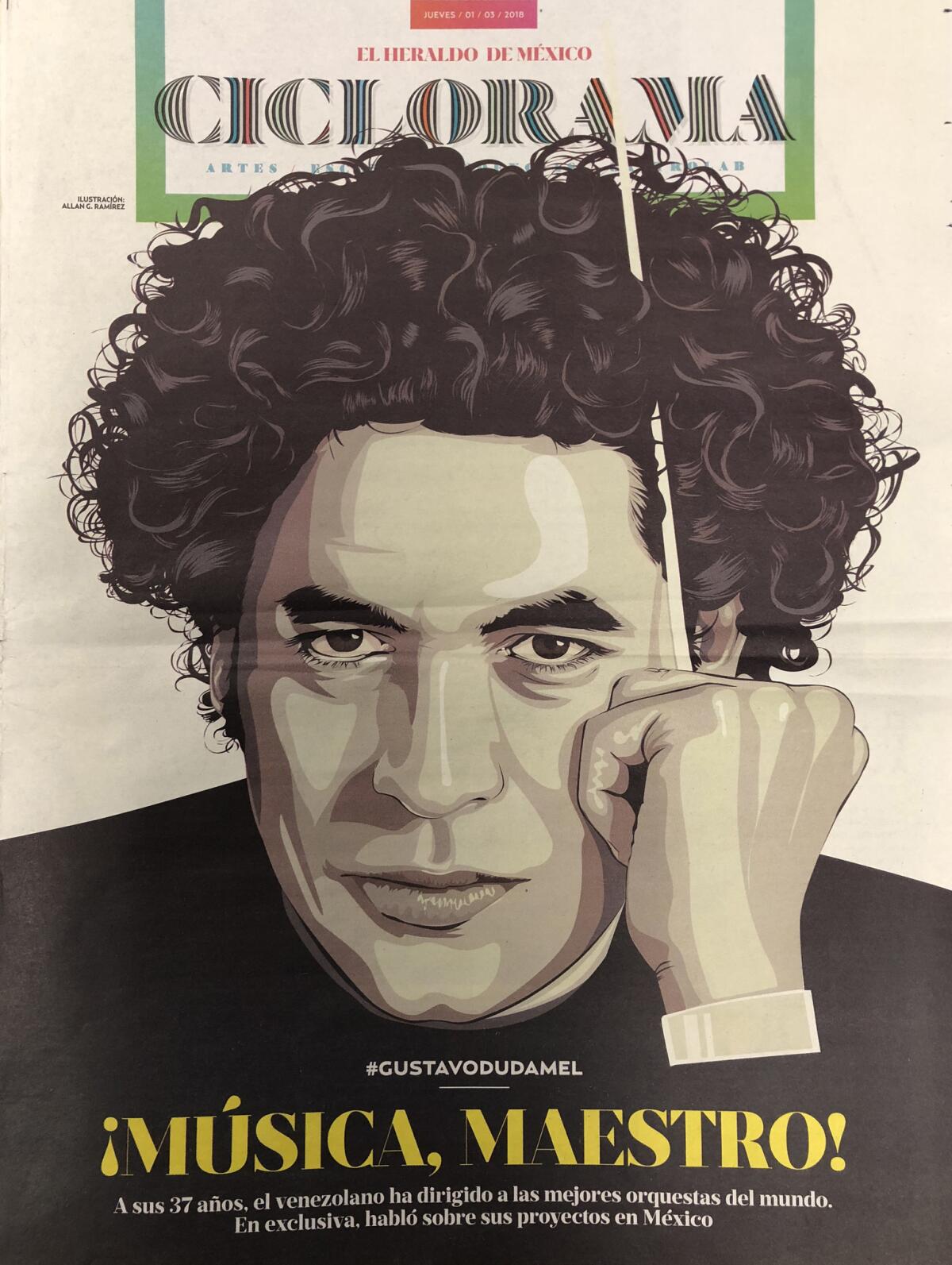 Artwork of Gustavo Dudamel in El Heraldo de Mexico, one of several Mexican newspaper spreads touting the presence of the conductor in the nation's capital.