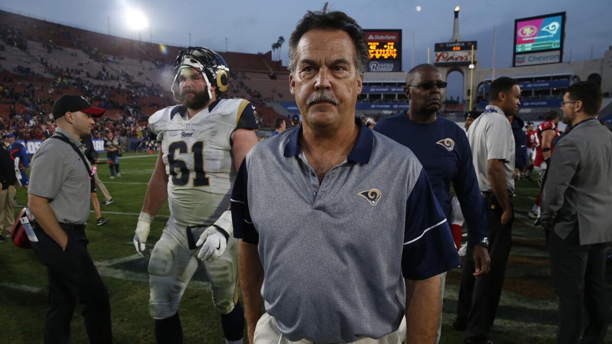 Coach Jeff Fisher leaves the field after the Rams' 42-14 loss to the Atlanta Falcons on Dec. 11 at the Coliseum.