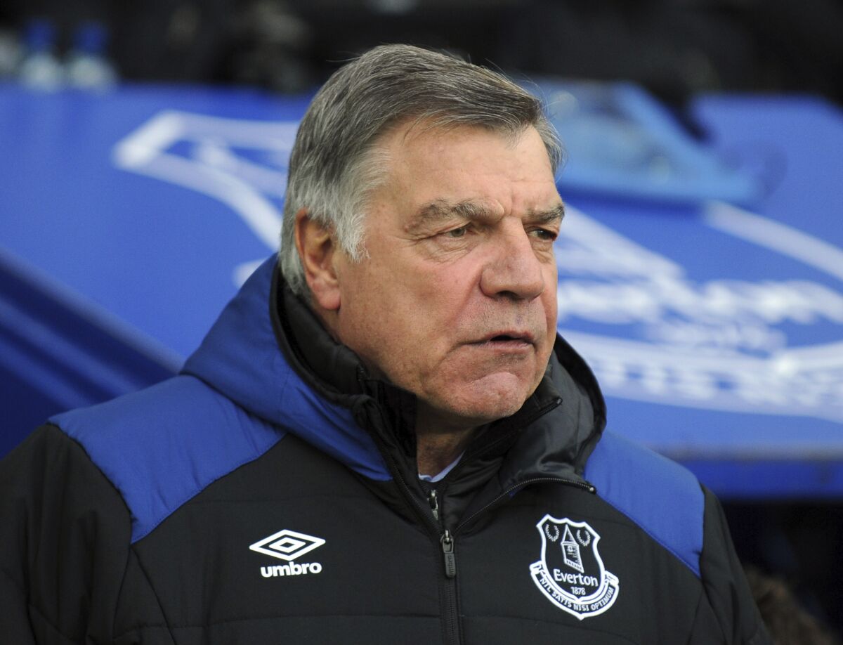 FILE - In this Saturday, March 31, 2018 file photo, Everton manager Sam Allardyce during their English Premier League soccer match against Manchester City at Goodison Park in Liverpool, England. Slaven Bilic has been fired by struggling Premier League team West Bromwich Albion on Wednesday, Dec. 16 2020. He has been replaced by Sam Allardyce. Bilic is the first manager to lose his job this season.(AP Photo/Rui Vieira, file)