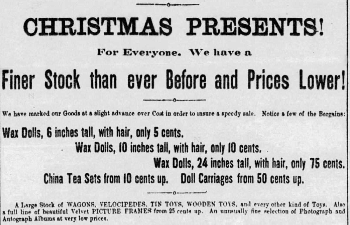 An old newspaper ad boasts "Christmas Presents! For Everyone."