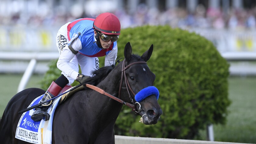 Medina Spirit, with jockey John Velazquez, competes in the Preakness Stakes.